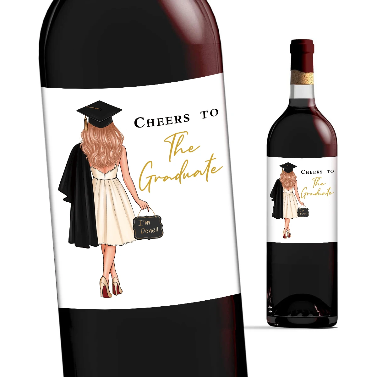 4 pegatinas para botellas de vino de graduación, "Brindis por el graduado", "Ya terminé!!" Etiquetas decorativas para regalos de graduación de secundaria y universidad