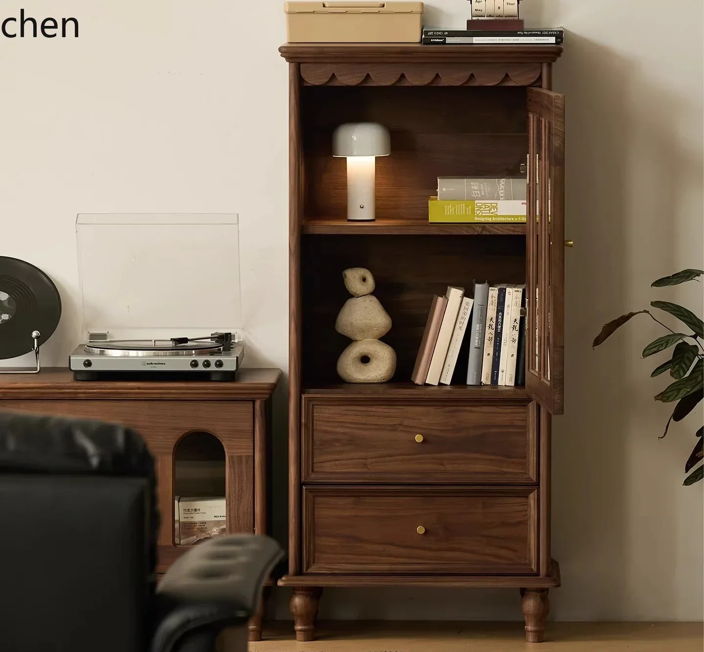 FG6.10 Living Room Glass Door Storage Cabinet Organizer Black Walnut Solid Wood Wine Cabinet