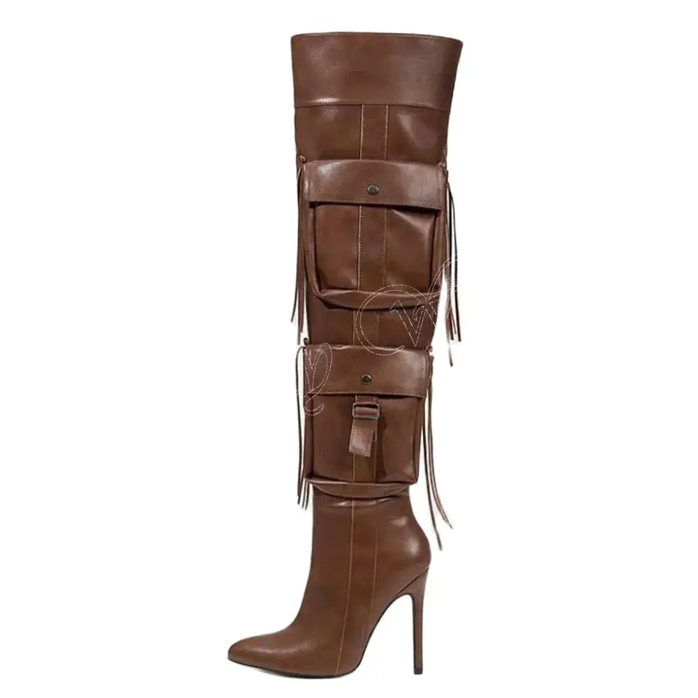 Bottes longues à franges marron pour femmes, décor de poche, fermeture éclair latérale, chaussures à talons hauts, mode 2023, nouveau