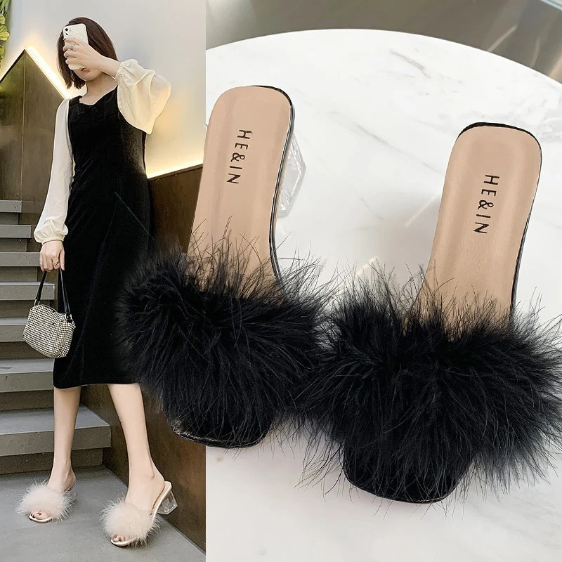 2025 Elegant and High Quality Fashion Slippers Women's Summer New Open Toe Plush Fox Fur Flip Flops Sexy High Heel Sandals view 2
