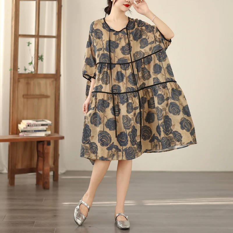 

Summer Large Size Cotton Linen Print Collar Rope Loose Elegant Slimming Versatile Dress Artistic Style High Waist A-Line Skirt