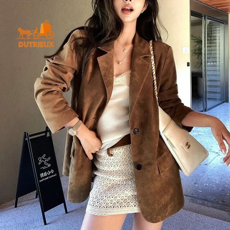 Autumn and Winter Women's Mid-length Suede Suit Real Leather Jacket, 100% Genuine Sheepskin, Noble Romantic Feminine Casual Coat