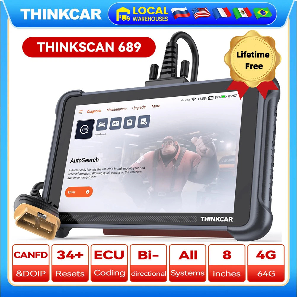 THINKCAR Thinkscan 689 진단 도구, 지지대 CANFD DOIP ECU 코딩 활성 테스트, 34 리셋, 평생 무료 업데이트, 자동차 OBD2 스캐너 