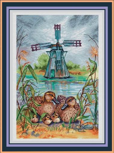 Cross stitch Kit 14CT Canvas Cross Stitch Embroidery Set Craft -Hunting old mill and Duck family 34-45 Cross Stitch Set