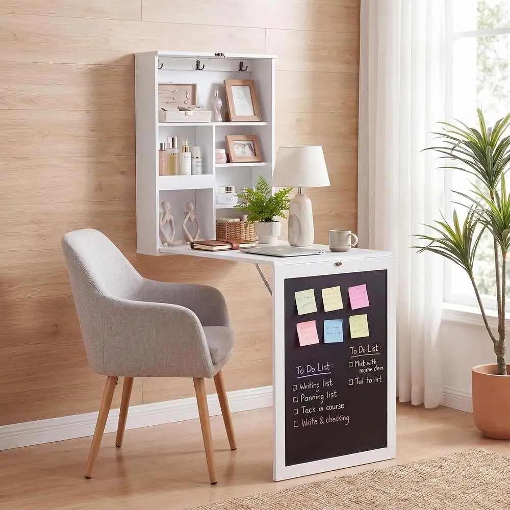 Space-Saving Wall Desk with Chalkboard, Shelves, and Hooks for Home Office, Bedrooms, and Dorms