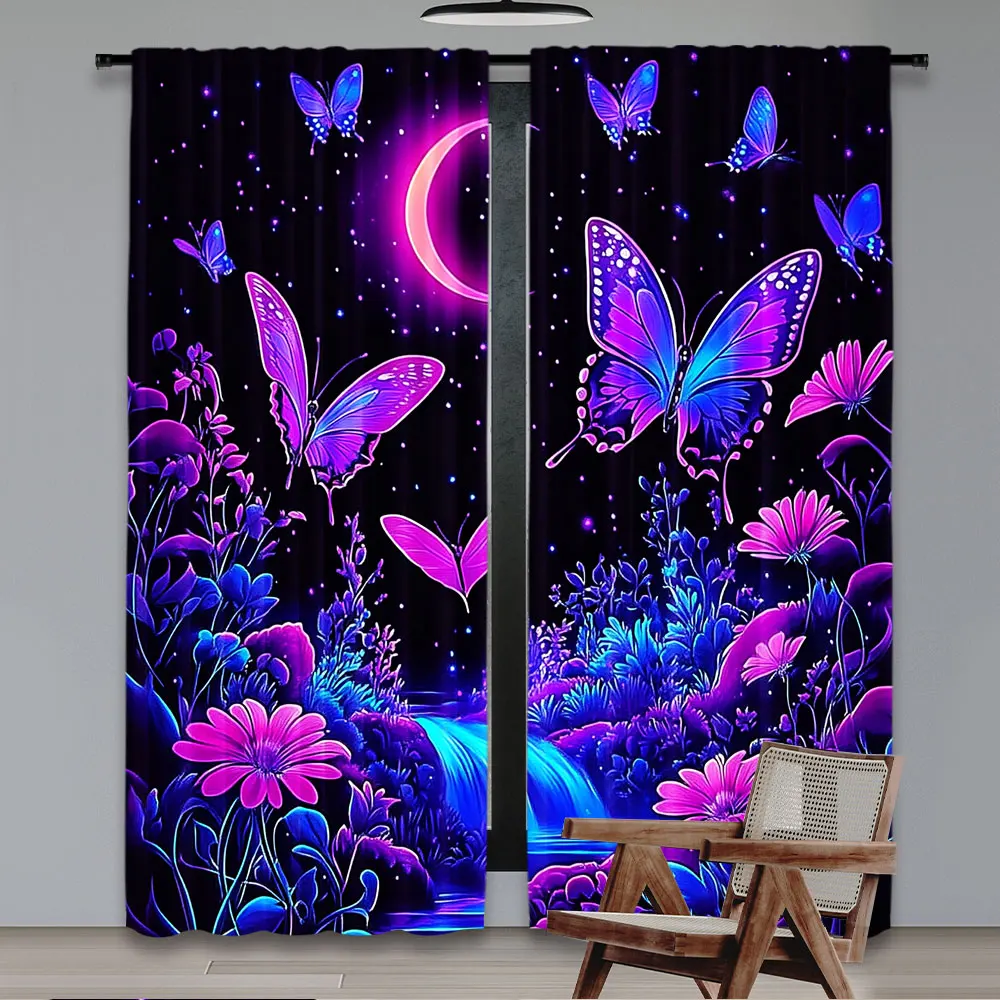 2Pcs Butterfly Curtain Floral Plant Nature Landscape Starry Night Sky For Bedroom Living Room Decoration Many Other Occasions