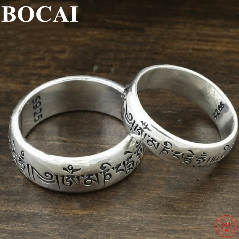 BOCAI Real S925 Silver Jewelry Retro Tibetan Six-word Truth Transshipment Couples Gift Fashion Man and Woman Ring