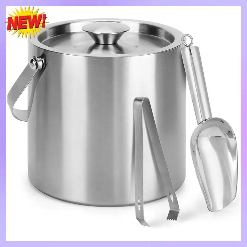 

T24C 3 Liter Double-Wall Portable Ice Buckets For Parties With Lid, Scoop, Tongs, Stainless Steel Ice Container