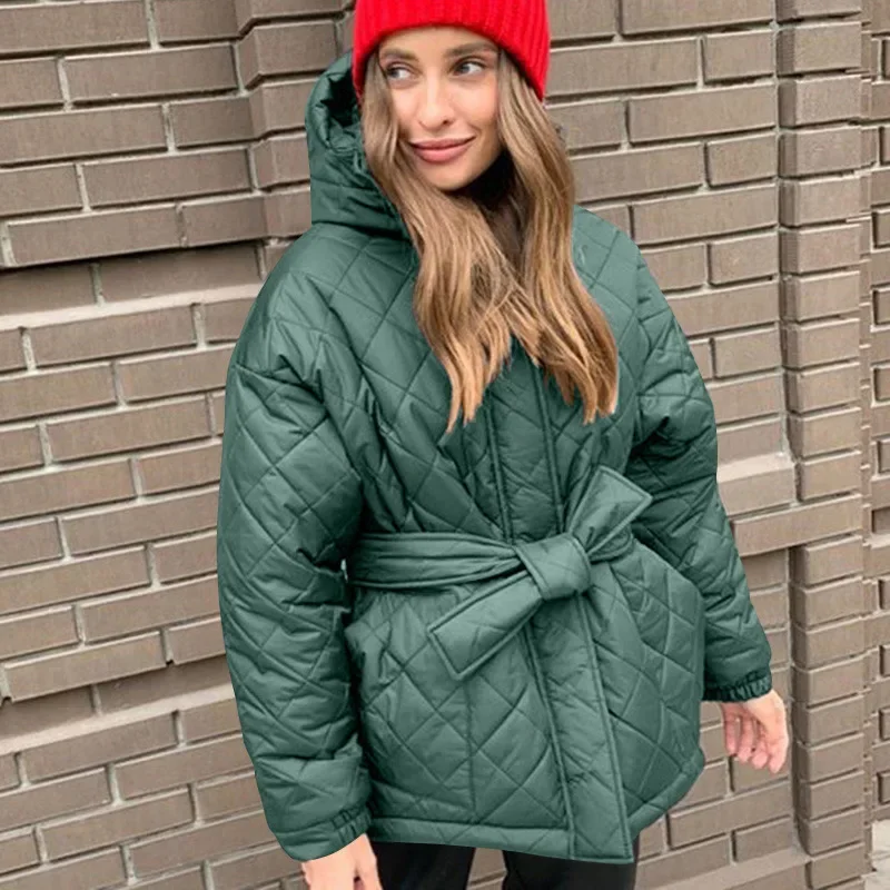 2023 Winter Fashion European Women Cotton Coat Hooded Slim Fit Strap Thick Warm Parkas Mid Length Women Snow Wear Overcoa