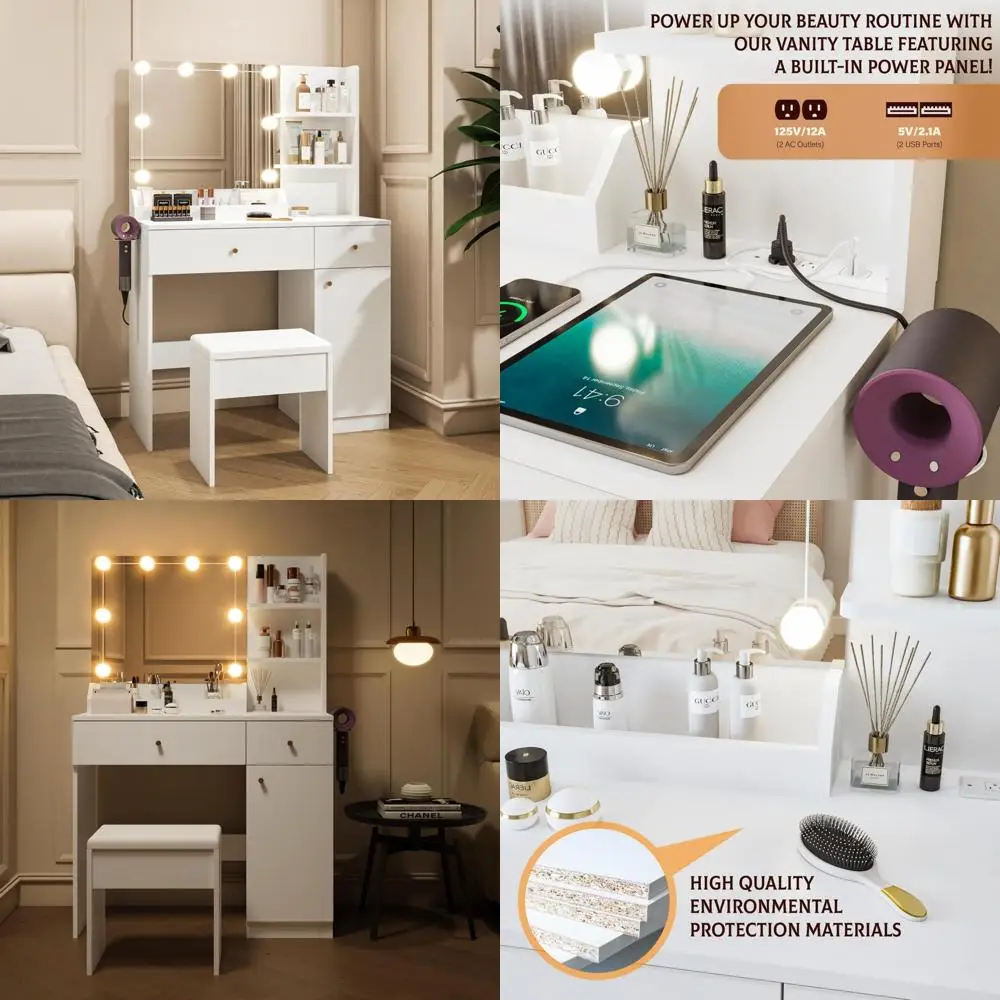 Adjustable LED Lighted Vanity Desk with Mirror, Drawers, and Side Cabinet for Makeup Storage and Power Outlet