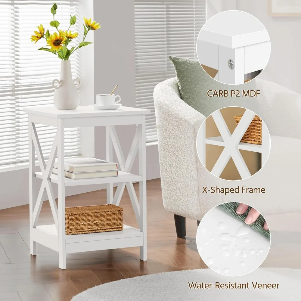 مجموعة طاولات نهائية مكونة من 2، طاولات جانبية من 3 طبقات مع مساحة تخزين لغرفة المعيشة، طاولة جانبية خشبية كبيرة بتصميم X قوي #5