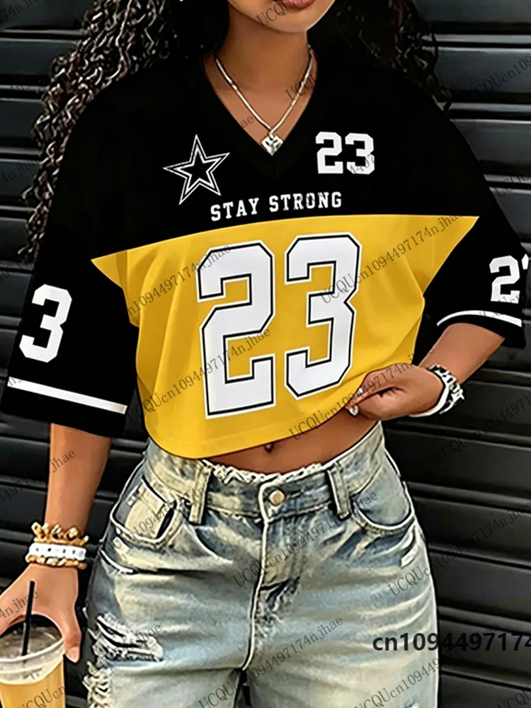 2026 Neues „Stay Strong“ Nr. 23 Print T-Shirt für Damen, Sommer, Kurzarm, Sexy Crop Top, Fußballtrikot, Y2k V-Ausschnitt Tees, Sport-Oberteile – Detail 10