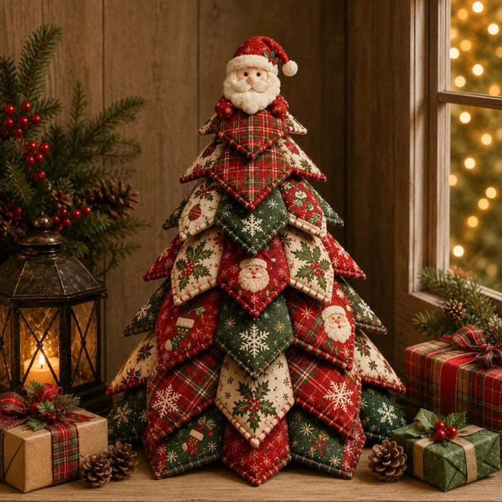 Vintage Style DIY Quilted Christmas Tree Kit Beginner‑Friendly Handcraft 3D Tabletop Christmas Sewing Kit Santa Claus Girl