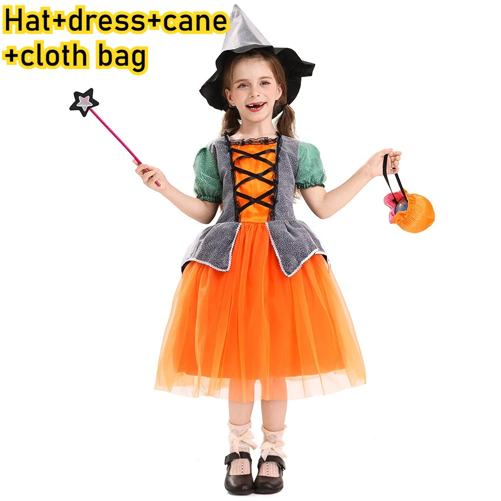 

Girl Halloween pumpkin Princess Dresses Witch Costume with Hat Wand Carnival Black Magic Villain Wizard Vampire Cosplay Gown