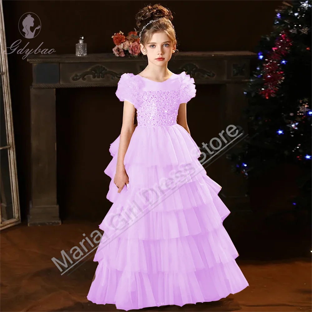 여아 무대 의상 퍼프 소매 스팽글 장식 보디스 티어드 튤 파티 웨딩 정장 꽃 어린이 생일 의상