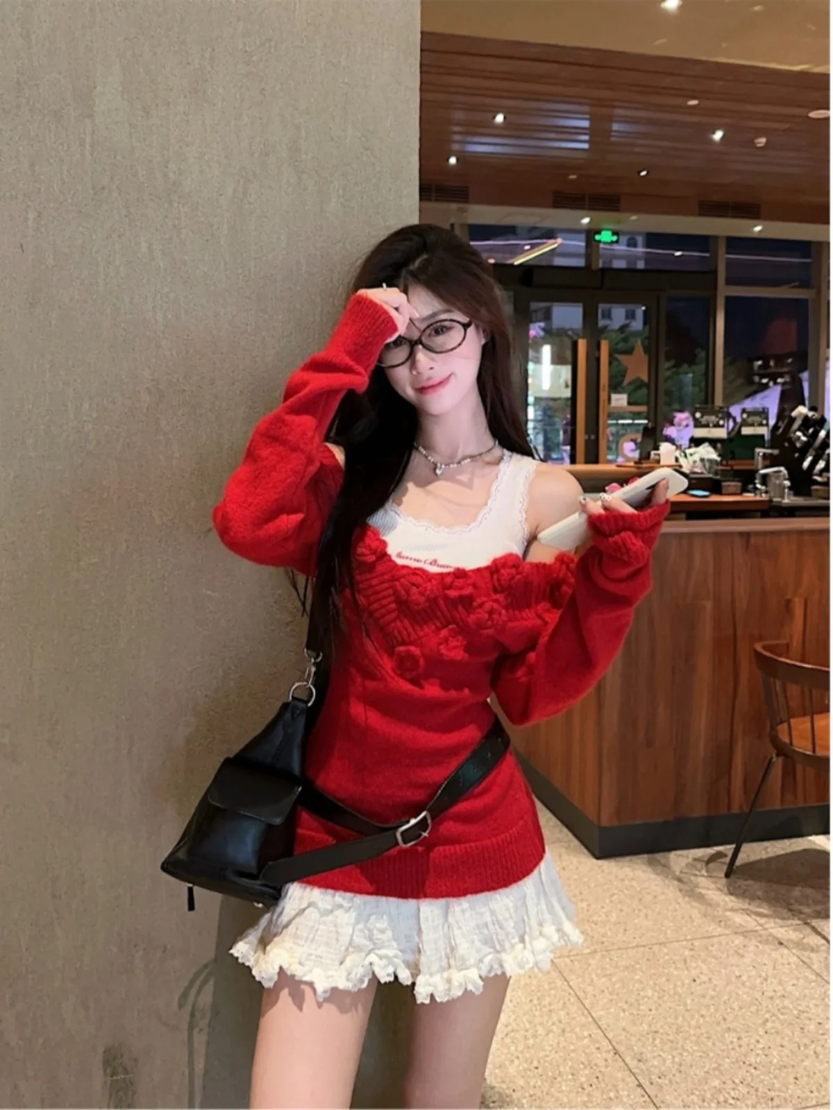 Off-the-shoulder Pure Desire Ankela Red Knit sweater Women Autumn 2024 New Waist Hugging Retro Three-dimensional Flowers Top ...