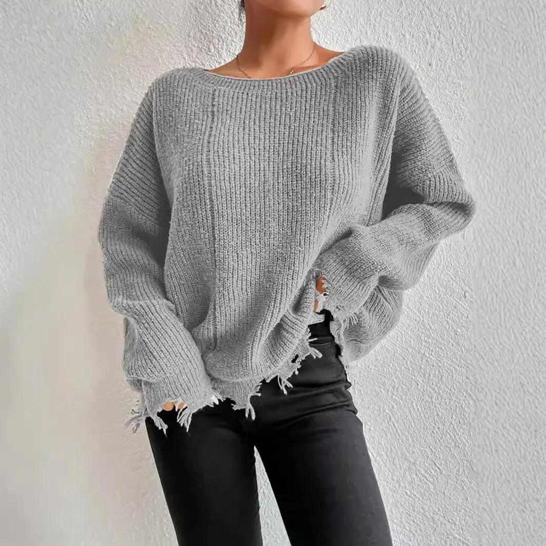 Solid Color Loose Raggedy Pullover Sweater, Women's  New Grind Through The Tassels Knit Casual Sweater Top for Autumn and Winter