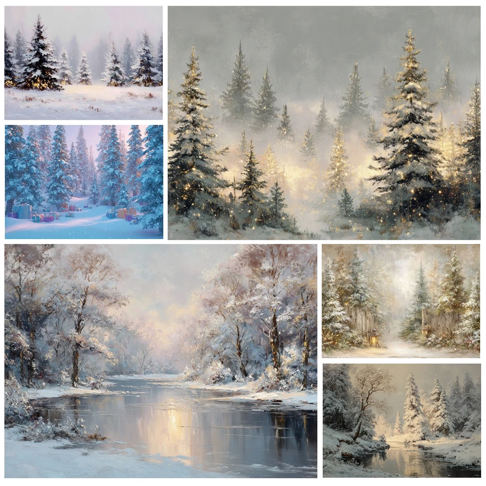 

MOON.QG Winter Oil Painting Photo Background River Cartoon Pine Trees Backdrops For Photography Kids Photozone Portrait Studio