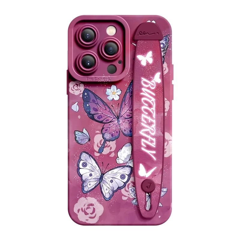 Deluxe Wrist Band Bracket Case For iphone 15 14 13 12 11 Pro Max XR X Silicone Cell Phone Protective Cover Colorful Butterflies