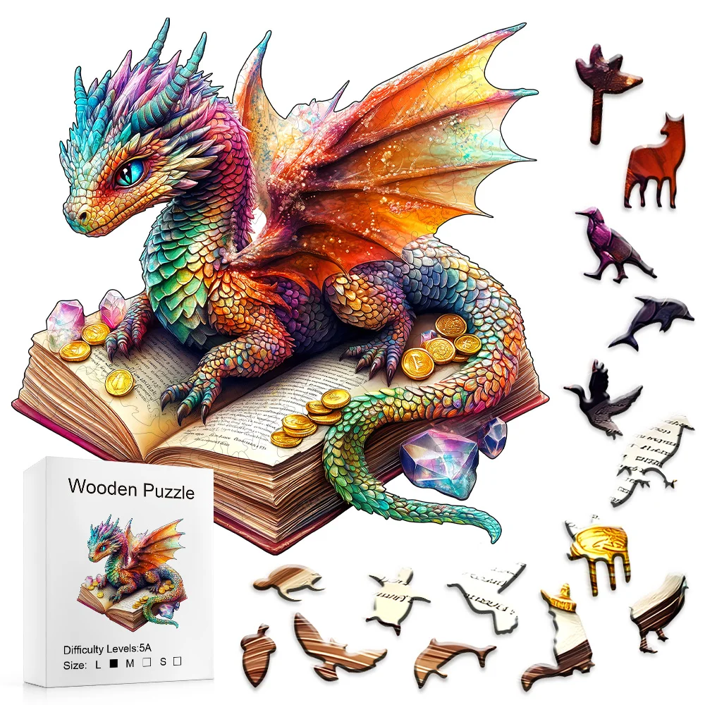 Dragon Wooden Puzzle Lying on a Book - Challenge Irregular Animal Shapes, Adult Stress Relieving Brain Games, Perfect Gifts for