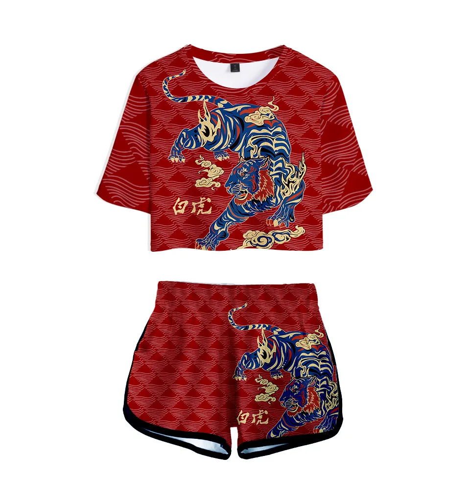 Summer Women's Sets Tiger 3D Print Short Sleeve Crop Top + Shorts Sweat Suits Women Tracksuits Two Piece Outfits Streetwear