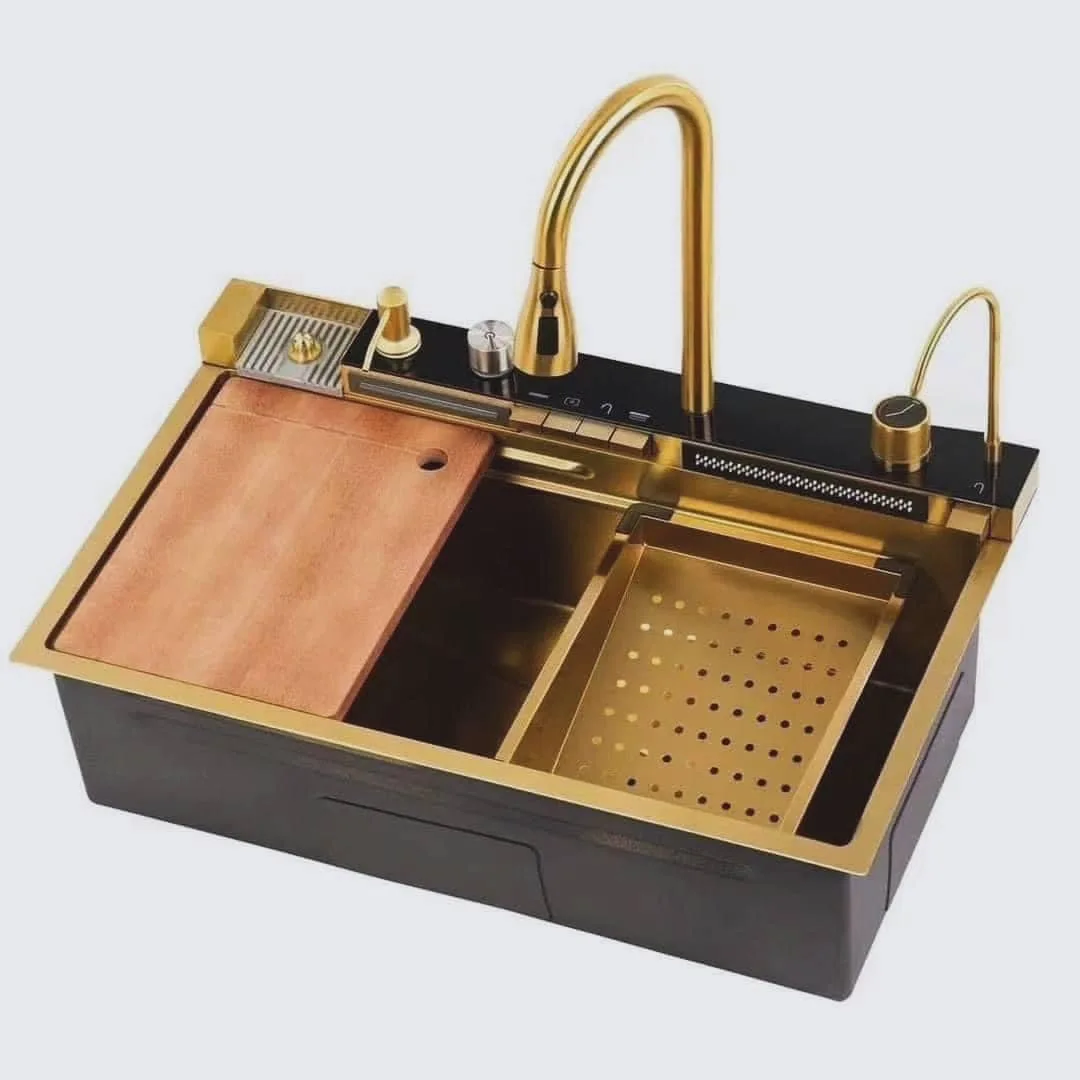 

Popular Large Single Bowl Multi-function Sink Scratch Resistant LED Digital Display 304 Stainless Steel Waterfall Kitchen Sink