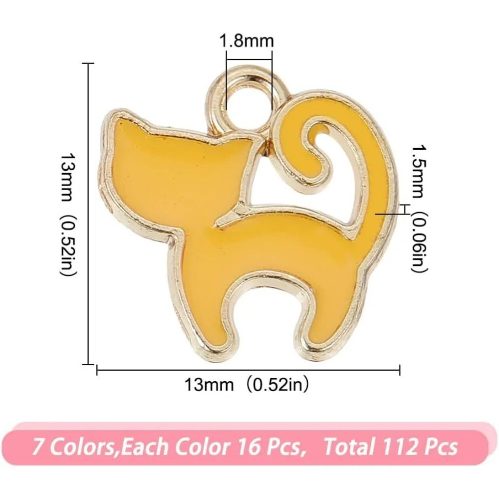 112 Pcs 7 Colors Alloy Enamel Cat Charms, Mixed Color Kitten Pendants Flat Animal Charms Metal Pet Charms with Loop for