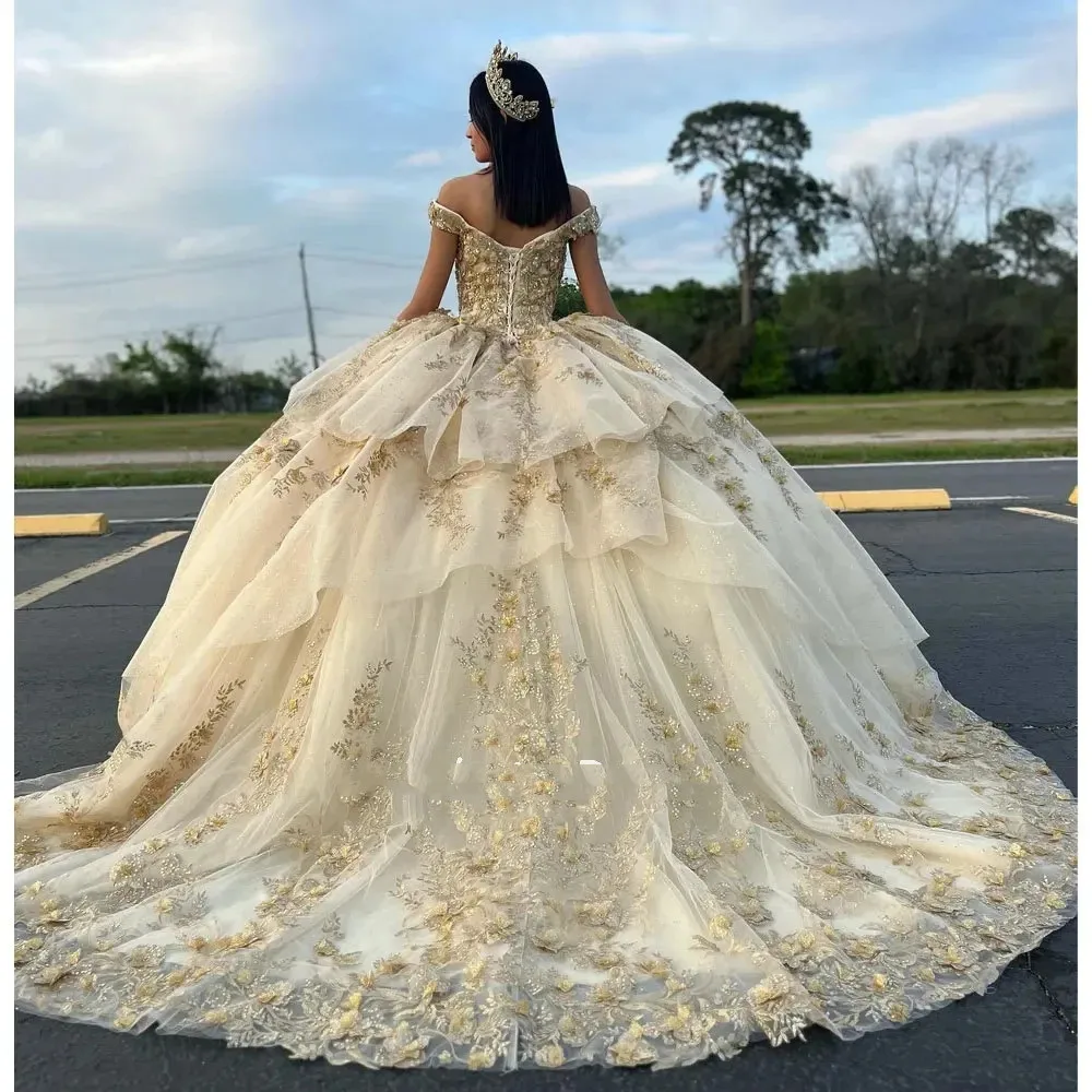 Elegancka jasnożółta suknia balowa sukienki na Quinceanera błyszczące aplikacje na zamek błyskawiczny Vestidos De 15 Anos luksusowa formalna suknia wieczorowa księżniczki