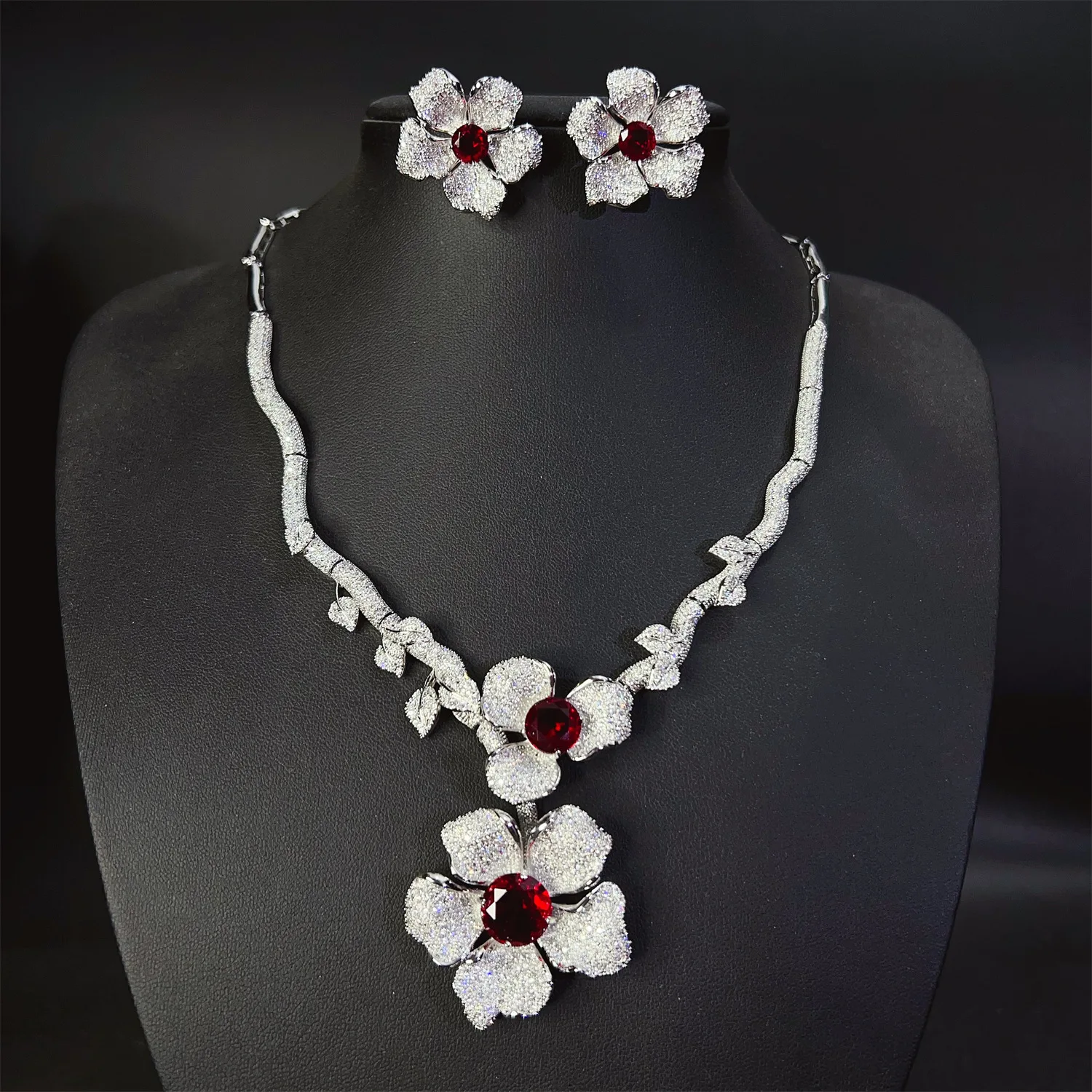 

wedding bride jewelry sets zirconia large flower red green blue white dinner party luxury jewelry anniversary gift female