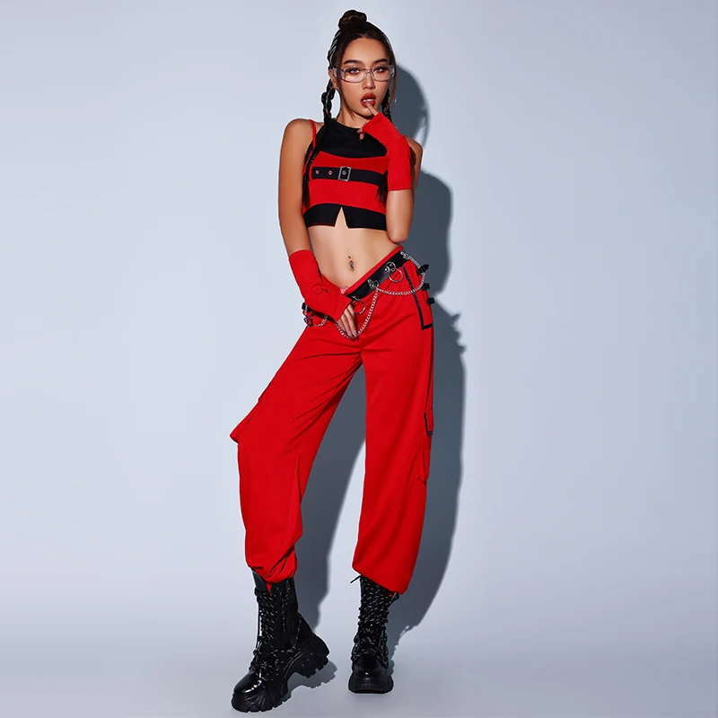 

Modern Jazz Dance Costume Women Bar Ds Dj Clothing Red Outfits Nightclub Sexy Gogo Dance Hip Hop Clothes Performance Wear