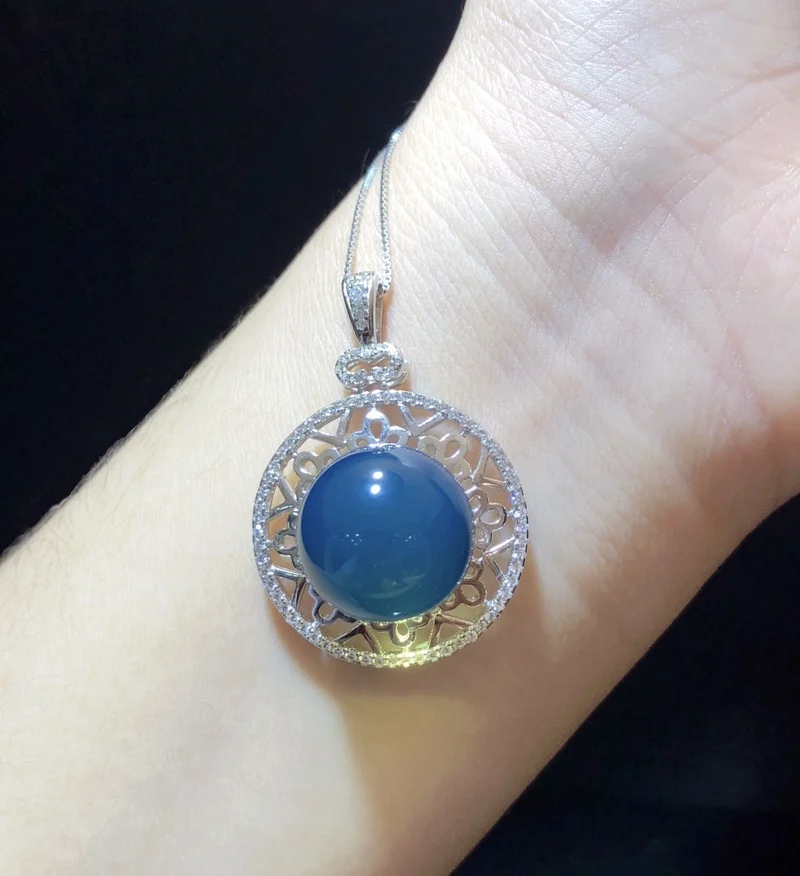 Natural Mexican Blue Amber Pendant 14mm Solid Silver Vintage Filigree Openwork Floral Design Handmade Jewelry Gift for Women