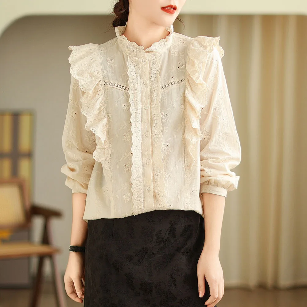 Japan Style Sweet Lolita Ruffles Embroidery Cotton Shirts Women Spring Summer Stand Collar Long Sleeve Casual Loose Blouse