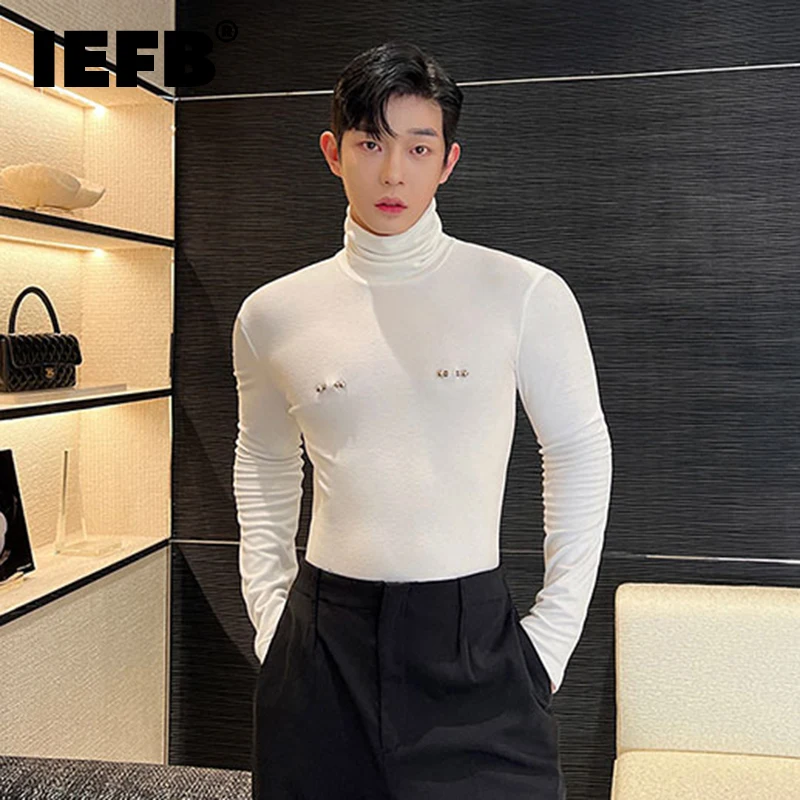 

IEFB Slim Male Long Sleeve T-shirts Autumn New Versatile Detachable Breastpin Fashion Niche Design Korean Underlay Tops 9C1590