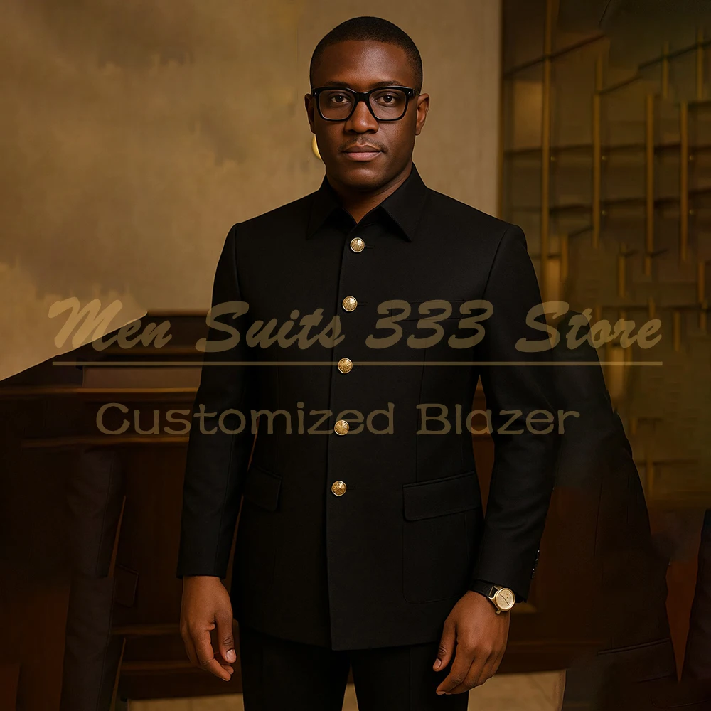 

Fashion Men's Suits Black Single Breasted Stand Lapel Slim Fit 2 Piece Jacket Pants Sets Casual Daily Male Clothing Costume
