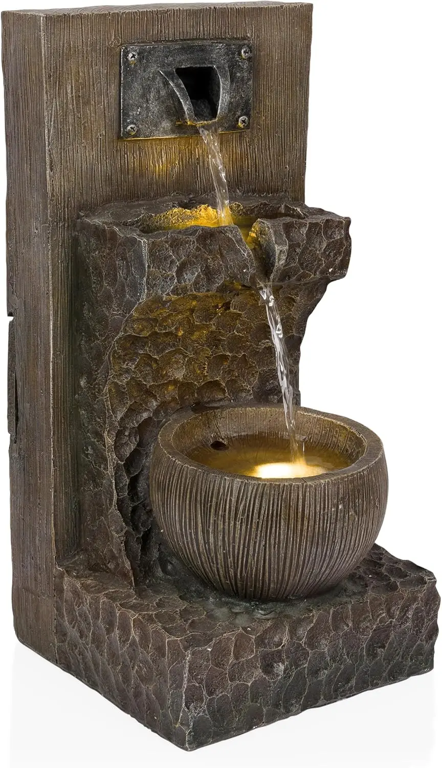 3-Tier Indoor/Outdoor Water Fountain with LED Lights, Cascading Design, 20" Height, Brown
