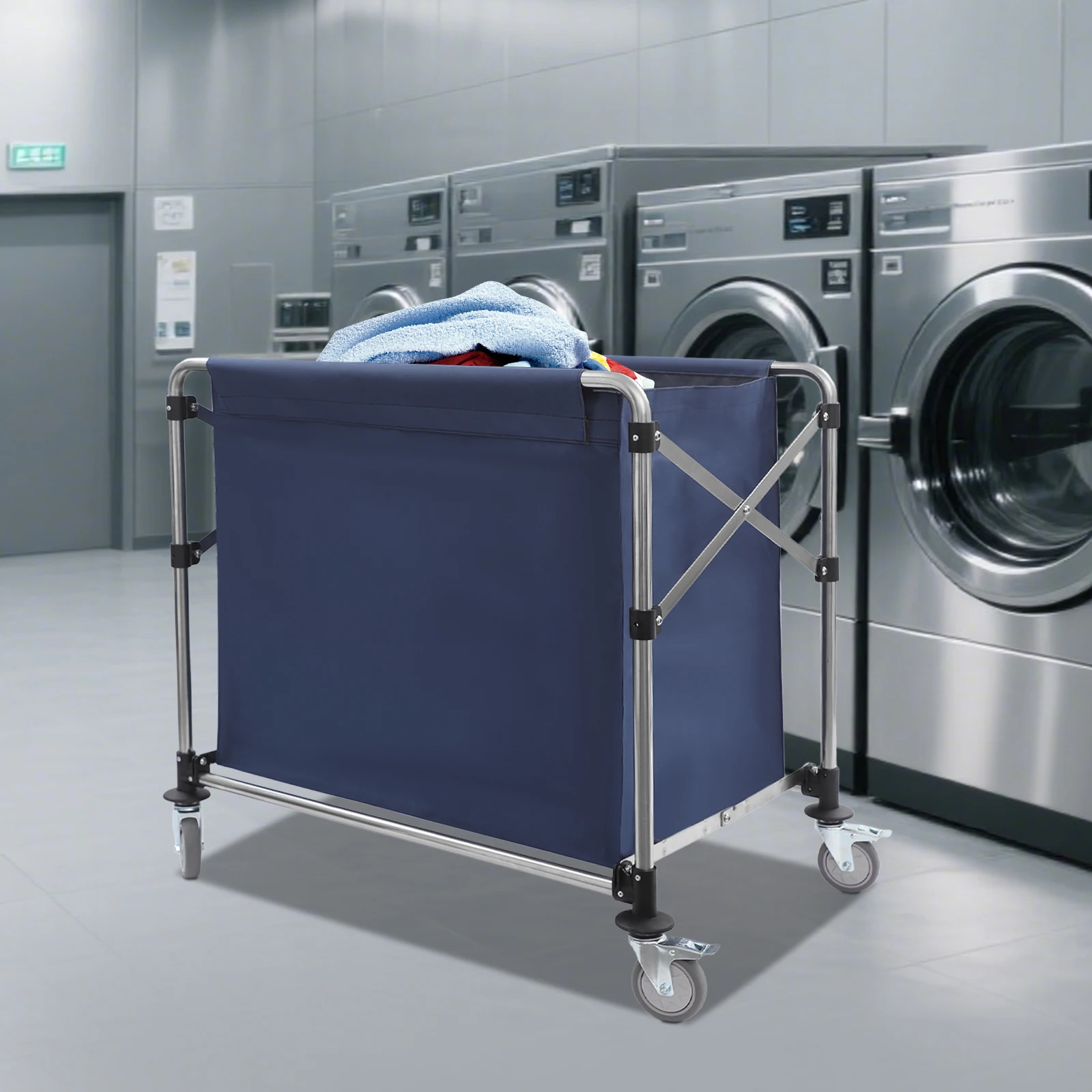 Commercial Laundry Cart with Wheels,Large Capacity Stainless Laundry Basket,Laundry Sorter for Clothes Storage,220 lbs Load,Blue