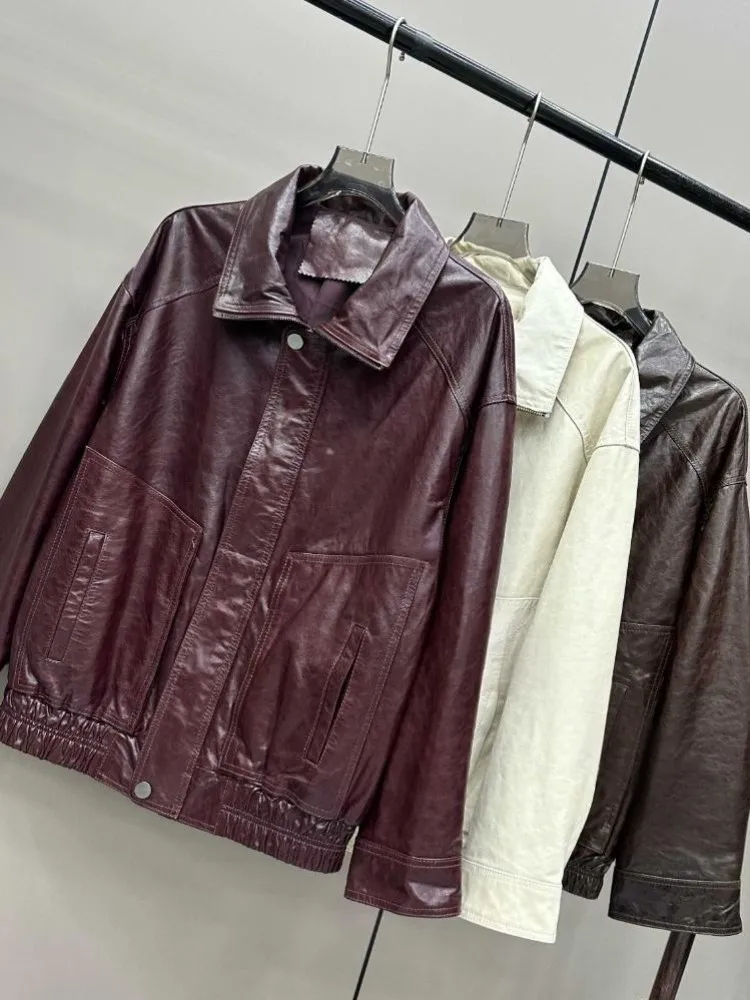 Amerikanischen Retro Stil Echtes Leder Revers Zipper Jacke Einfarbig Schaffell Lange Ärmel Lose Damen Taste Oberbekleidung