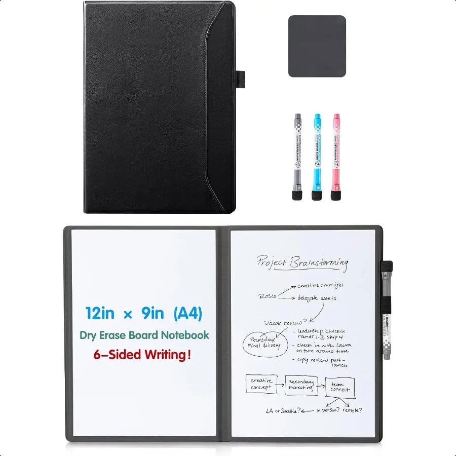 

6 Sides Portable White Board 12x9 inch A4 Notebook Design Dry Erase Small Board with Pocket and arkers AntiGhosting AntiSmudge