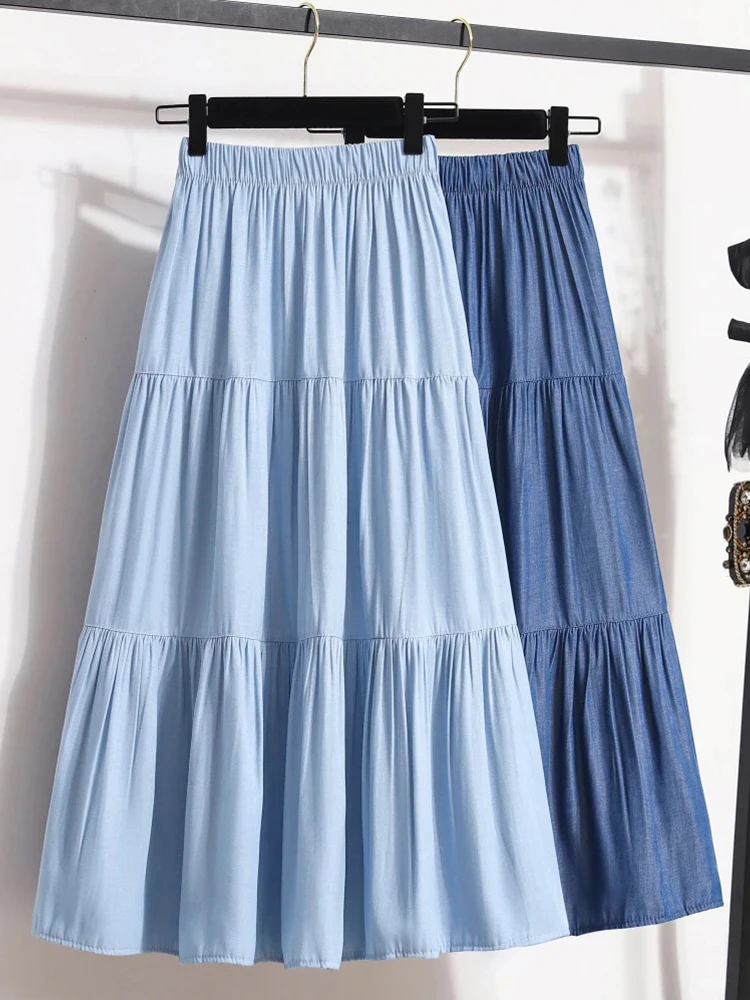 Spring Summer Women Skirts Vintage High Waist Elastic Patchwork White Black Chic Long Cake A-line Skirt
