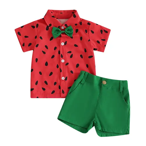 1-4Y Kids Boys Summer Outfits Watermelon Pattern Button Down Turn Down Collar Short Sleeve Shirt with Shorts 2 Pcs Boys Set - Image 8