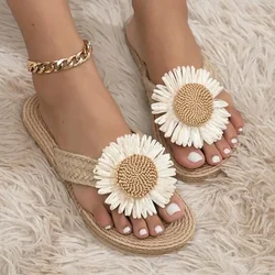 2024 New Linen Flower Decor Flip Flops Fashion Women Slides Flat Heel Outdoor Beach Summer Woman Slippers Ladies Shoes