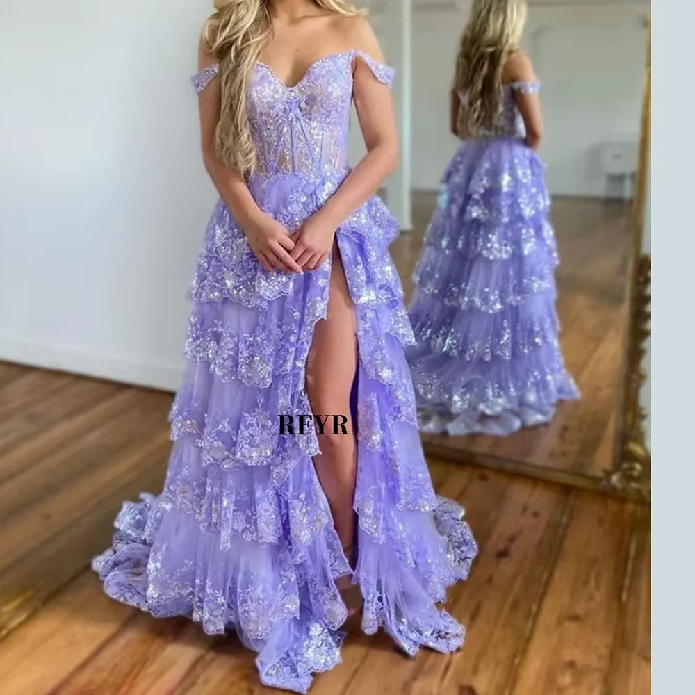 RFYR Puffy Evening Dress Off Shoulder Party Dresses Sweetheart Layered Prom Dress Appliques Evening Dress for Women Customized