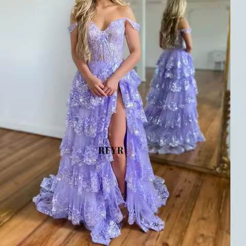RFYR Puffy Evening Dress Off Shoulder Party Dresses Sweetheart Layered Prom Dress Appliques Evening Dress for Women Customized