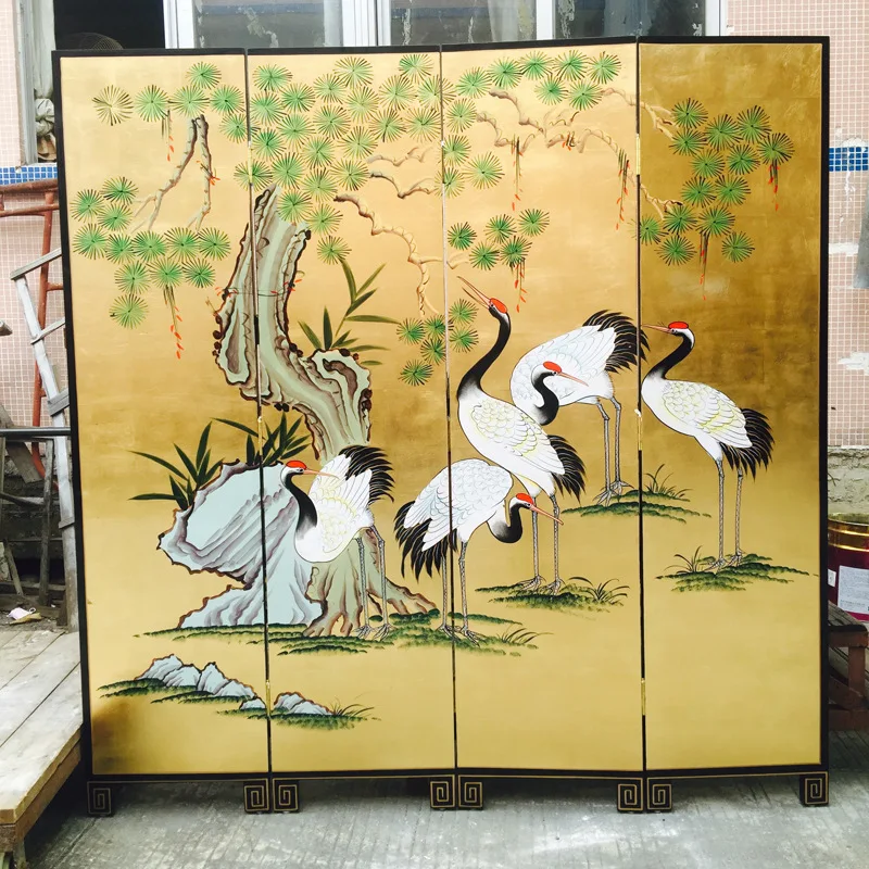 LTT gold leaf hand-painted pine crane screen Ming and Qing classical hotel furniture partition decoration