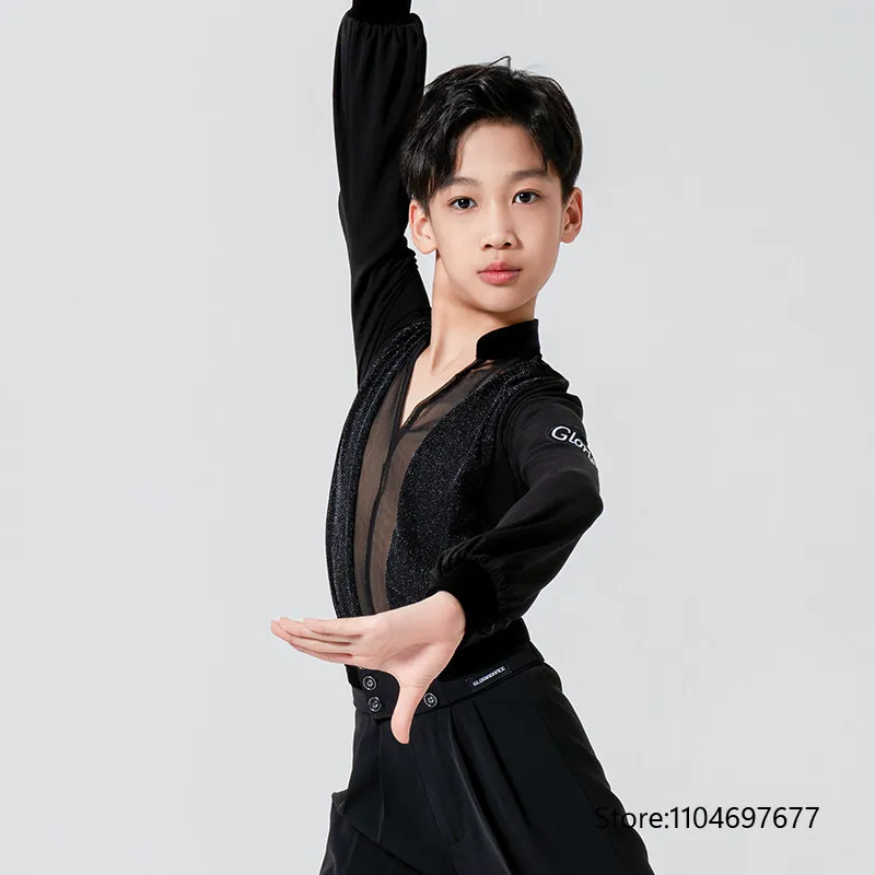 

2026 New Latin Dance Tops For Boys V-Neck Loose Long Sleeved Shirt Samba Chacha Tango Children Latin Dance Stage Wear