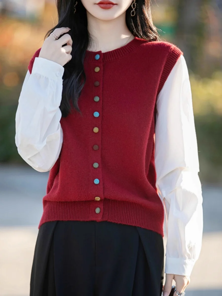   Botão de malha casual redondo ne feminino irt design sentido acolchoado falso cardigan aberto de duas peças commute sle