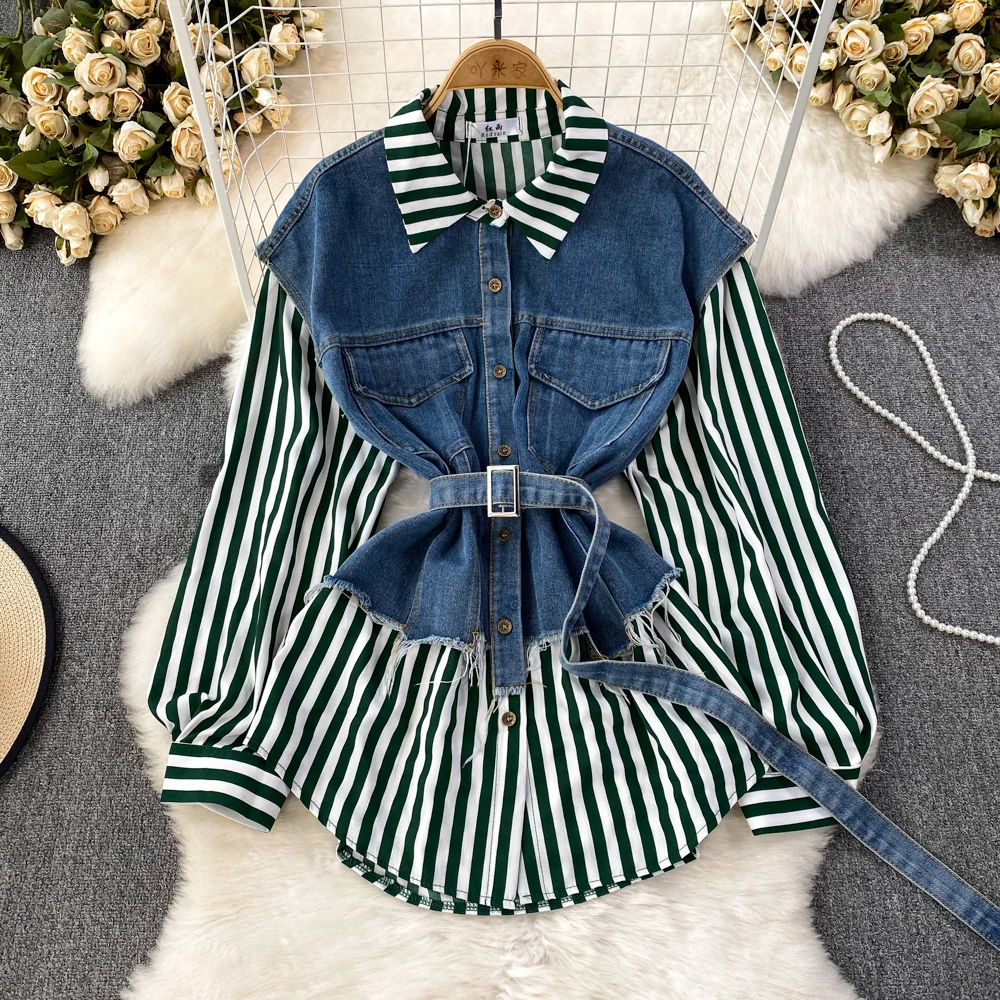 Women Shirts & Blouse Fake Two Loose Denim Clip Splicing Striped Long Shirt Irregular Long Sleeve Striped Belt Denim Blouse