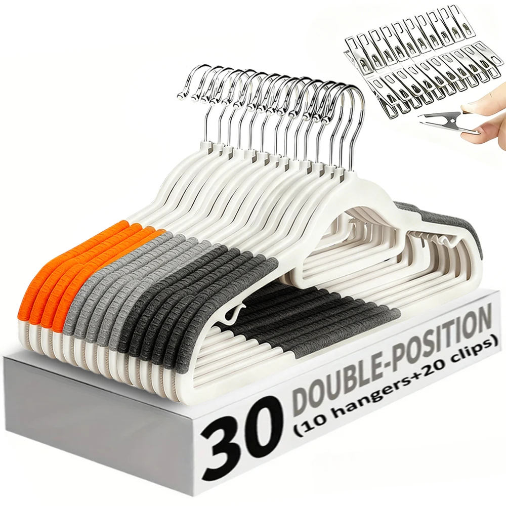 30 pacotes (10 cabides de veludo e 20 clipes), cabide antiderrapante resistente para organização de guarda-roupa, várias cores de cabide doméstico
