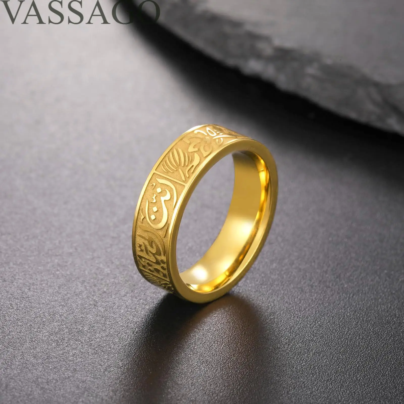 VASSAGO Stainless Steel Rings for Men Women Trendy Muslim Allah Ring Islam Arabic Shahada Ring Jewelry Gifts