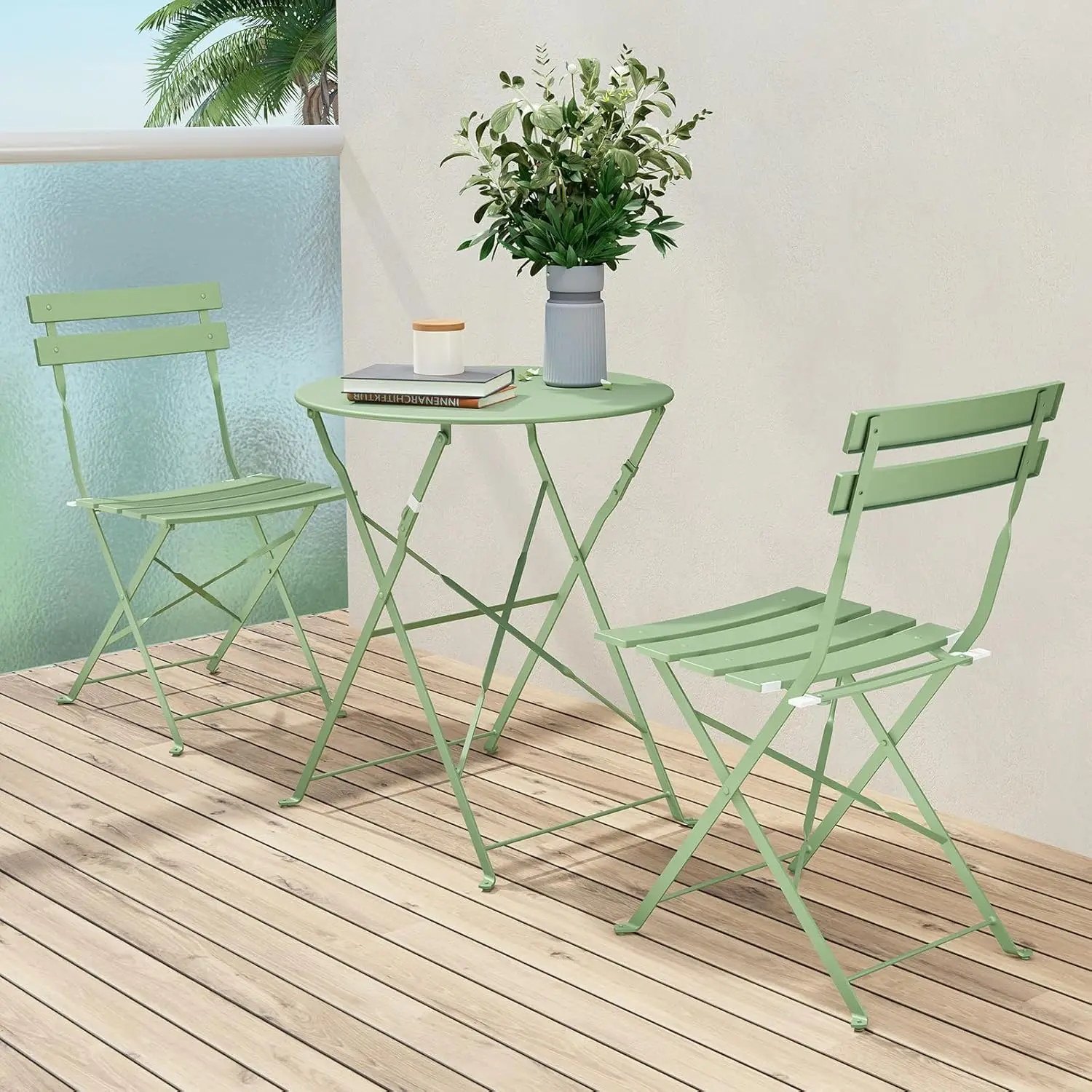 Frame Patio Bistro Set, Folding Outdoor  Furniture Sets, 3-Piece Patio Set of Folding  Table and Chairs, Sage Green